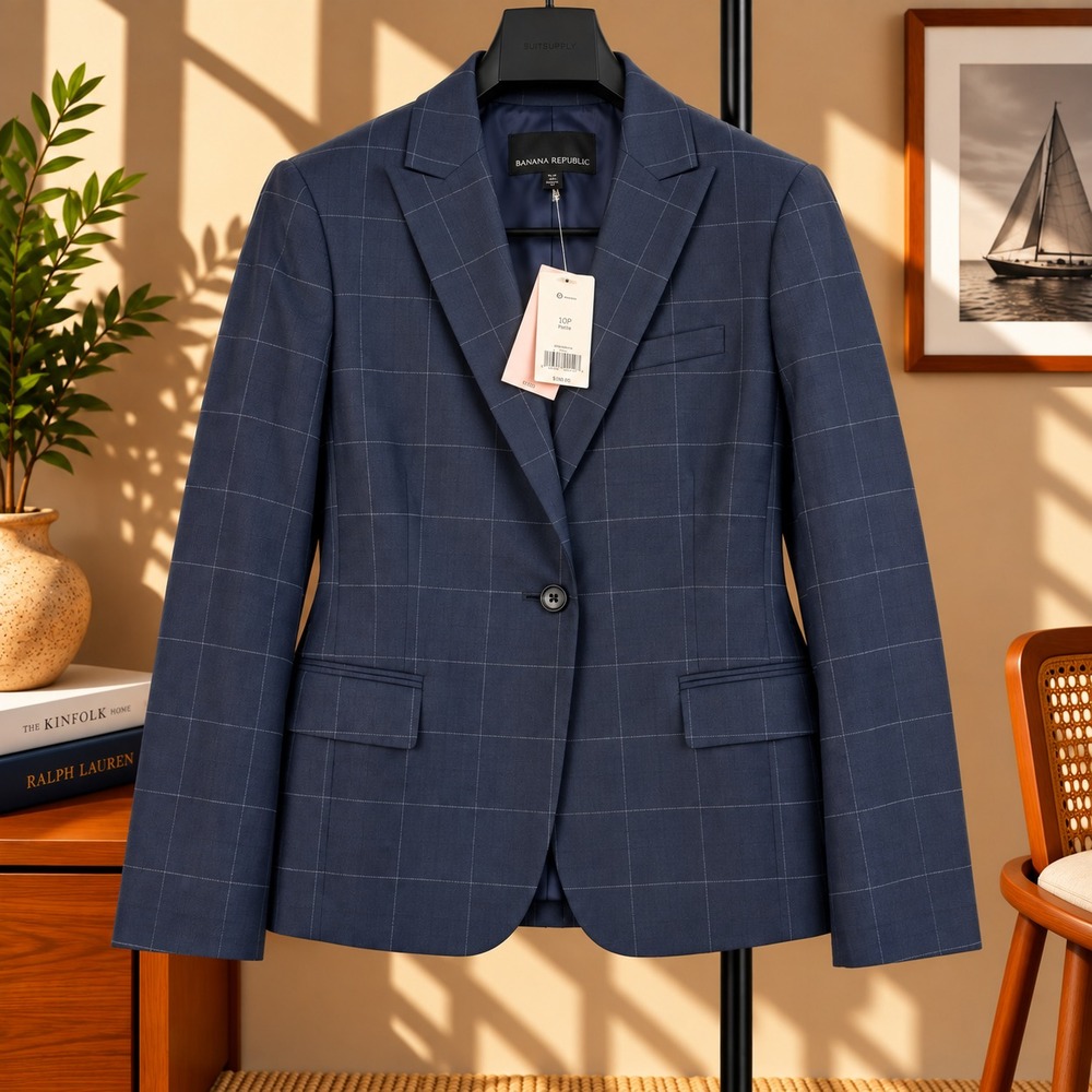 Banana Republic Blazer Womens 10 Petite Navy Windowpane Casual Tailored NWT